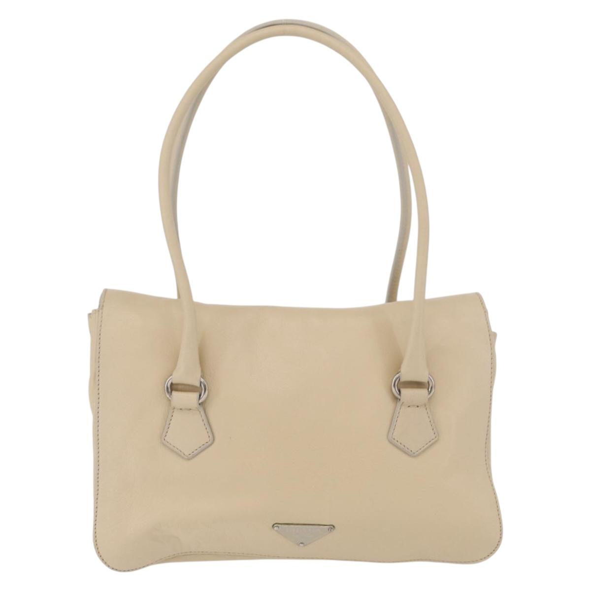 PRADA Tote Bag Leather Ivory Silver Auth ar14347
