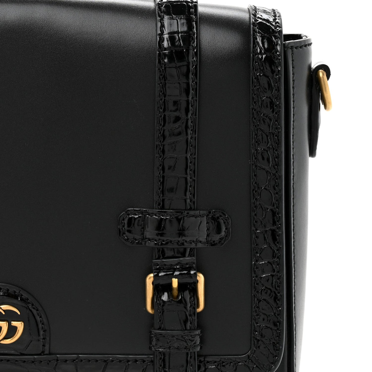 Calfskin Crocodile GG Double Buckle Medium Messenger Bag Black