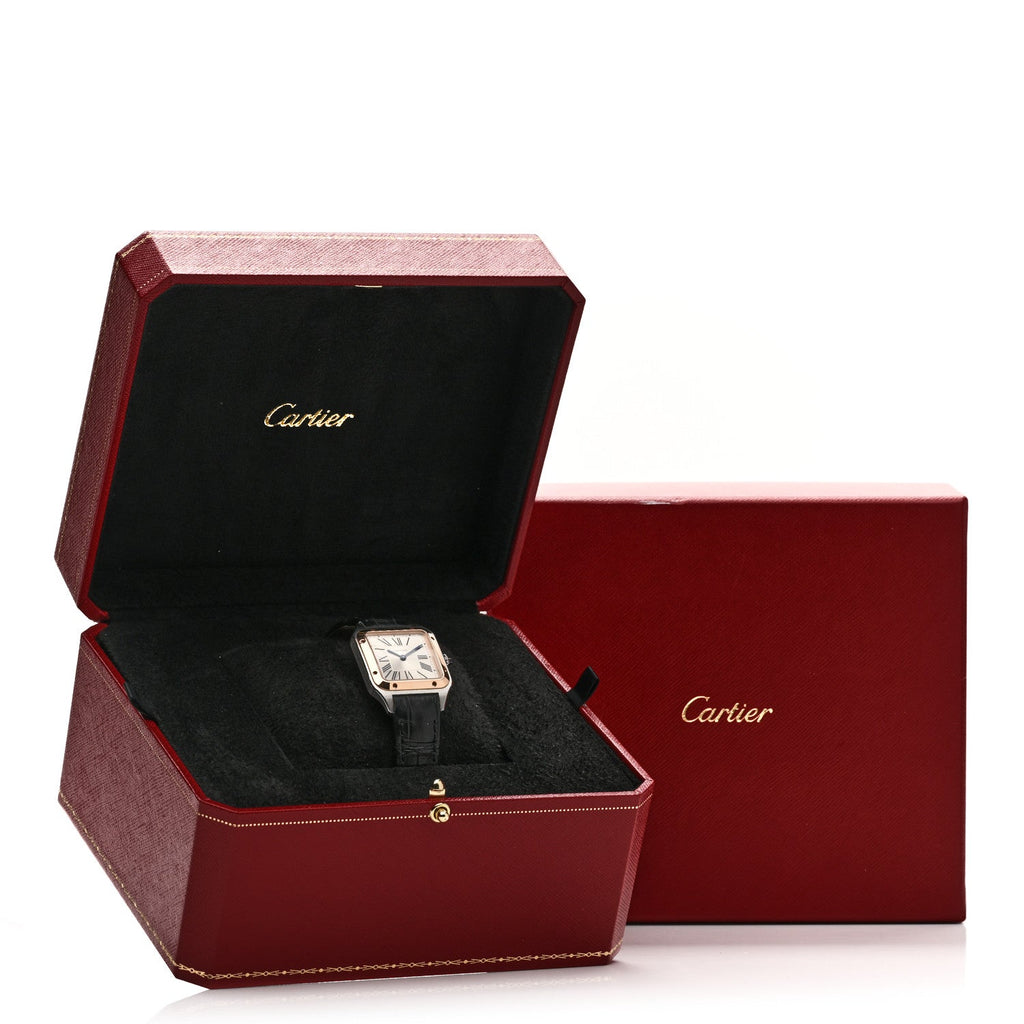 Stainless Steel 18K Pink Gold Alligator 27.5mm Santos Dumont Quartz Watch