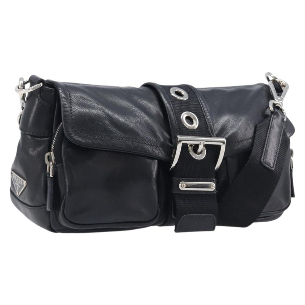 PRADA Shoulder Bag Leather Black Silver Auth BA15835V