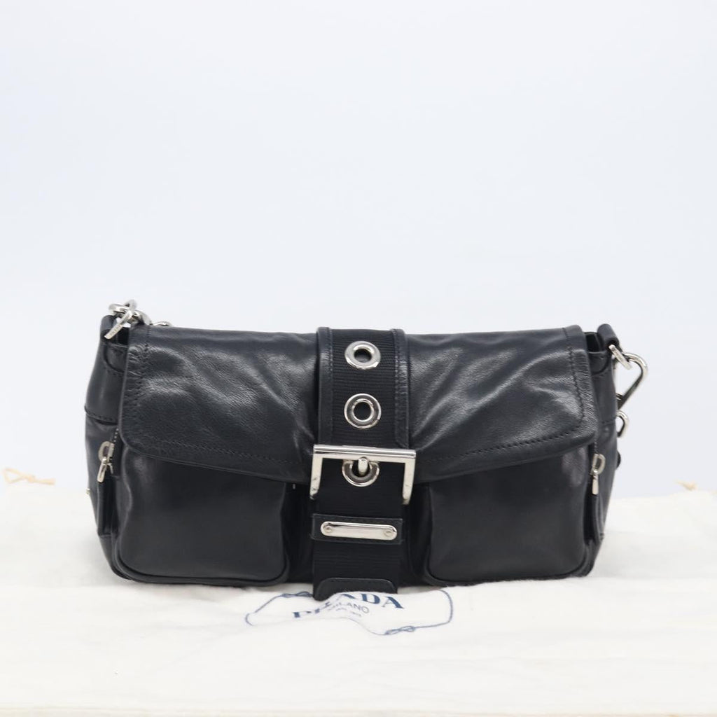 PRADA Shoulder Bag Leather Black Silver Auth BA15835V
