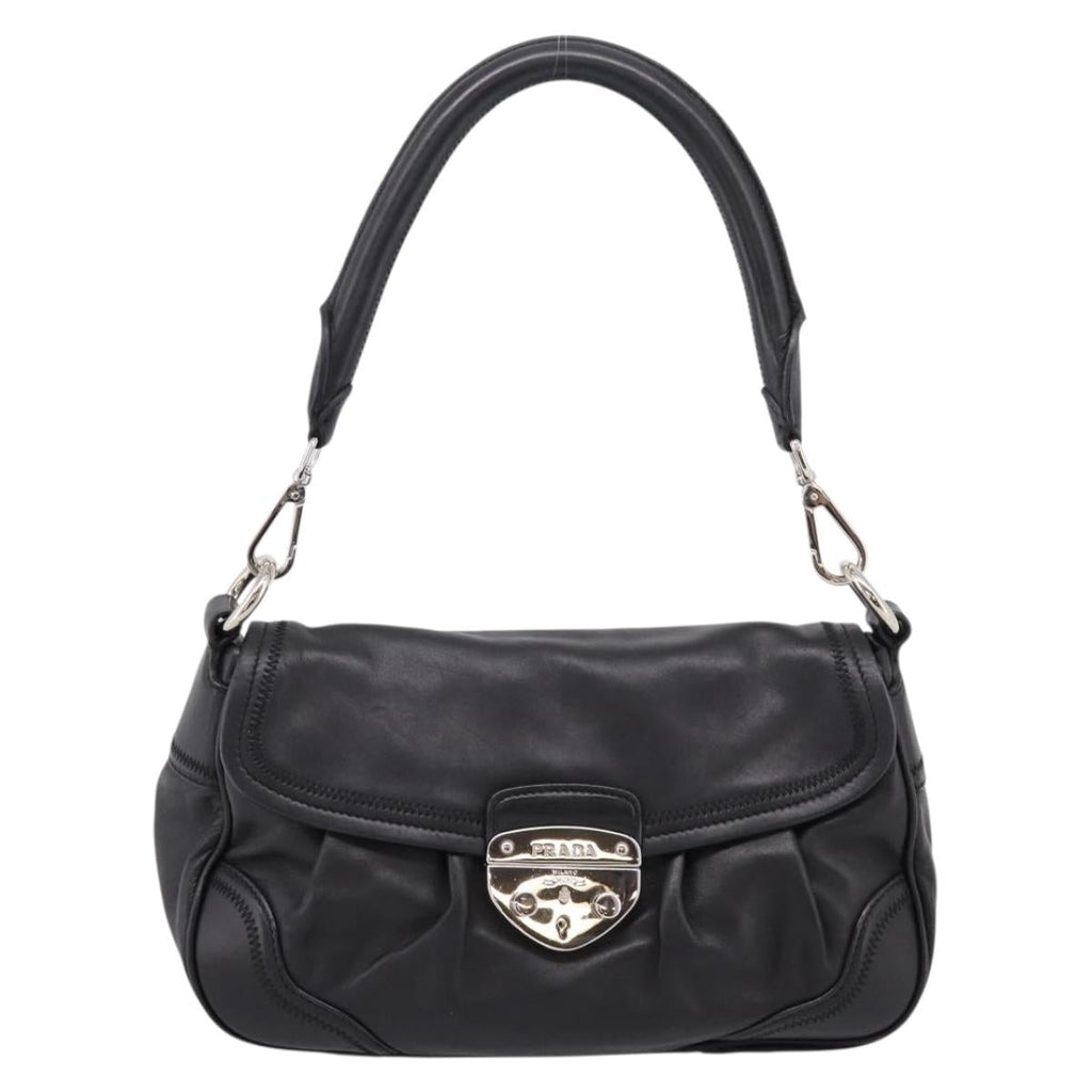 PRADA Shoulder Bag Leather Black Silver Auth BA15921M