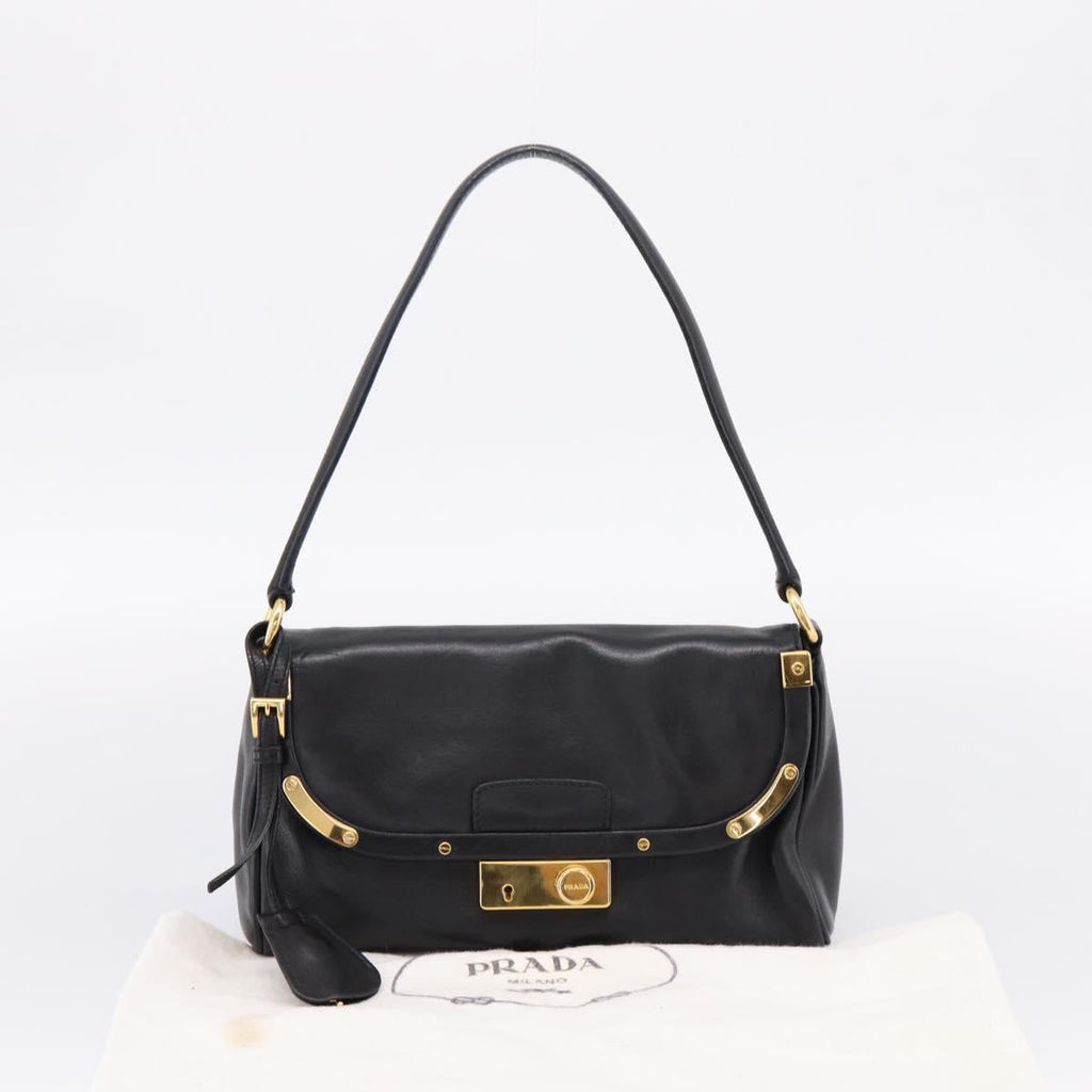 PRADA Shoulder Bag Leather Black Gold Auth BA15922M