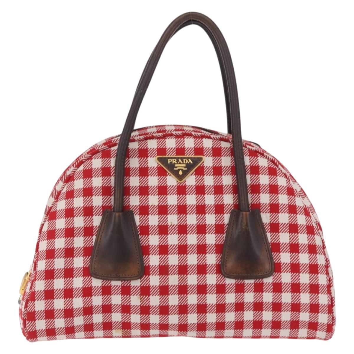 PRADA Hand Bag Canvas Red Gold Tone Auth BA16272V