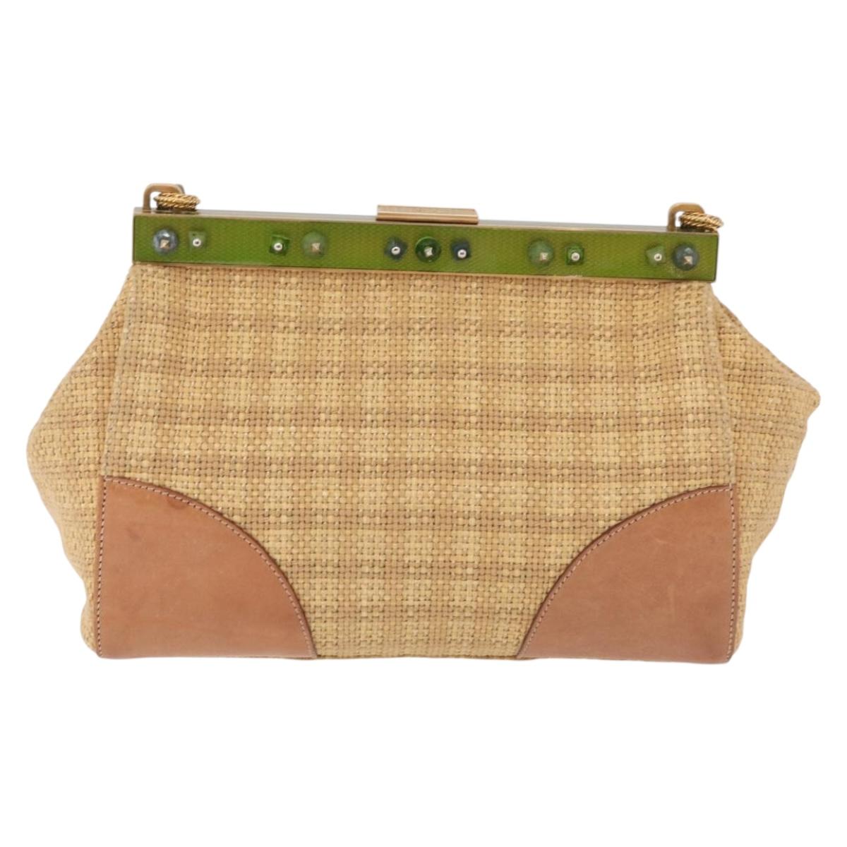PRADA Chain Shoulder Bag Raffia Beige Gold Tone Auth BA16338V