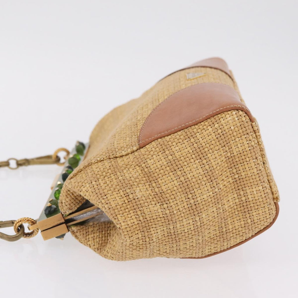 PRADA Chain Shoulder Bag Raffia Beige Gold Tone Auth BA16338V