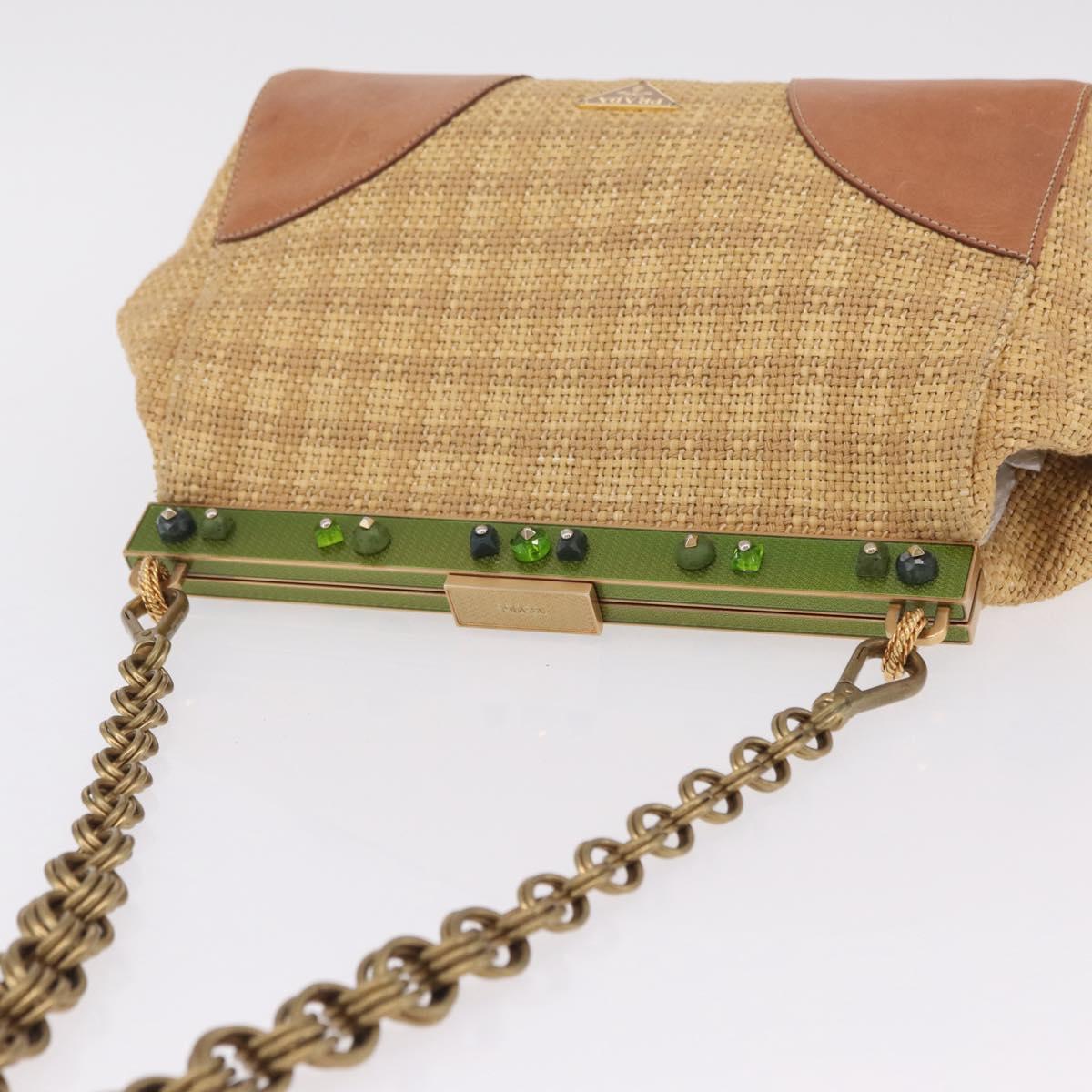 PRADA Chain Shoulder Bag Raffia Beige Gold Tone Auth BA16338V