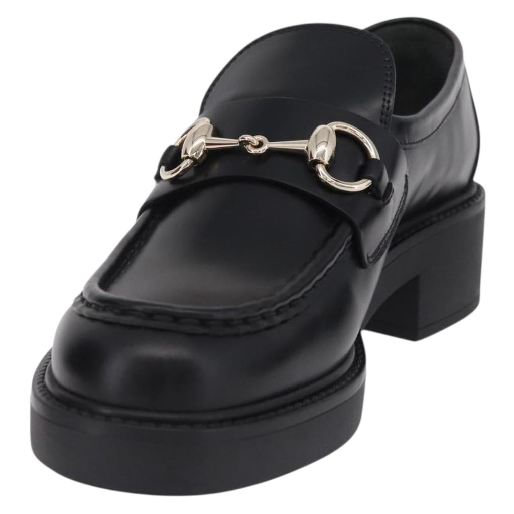 GUCCI Horsebit loafers Leather 37 1/2 Black Silver Auth BA16654M