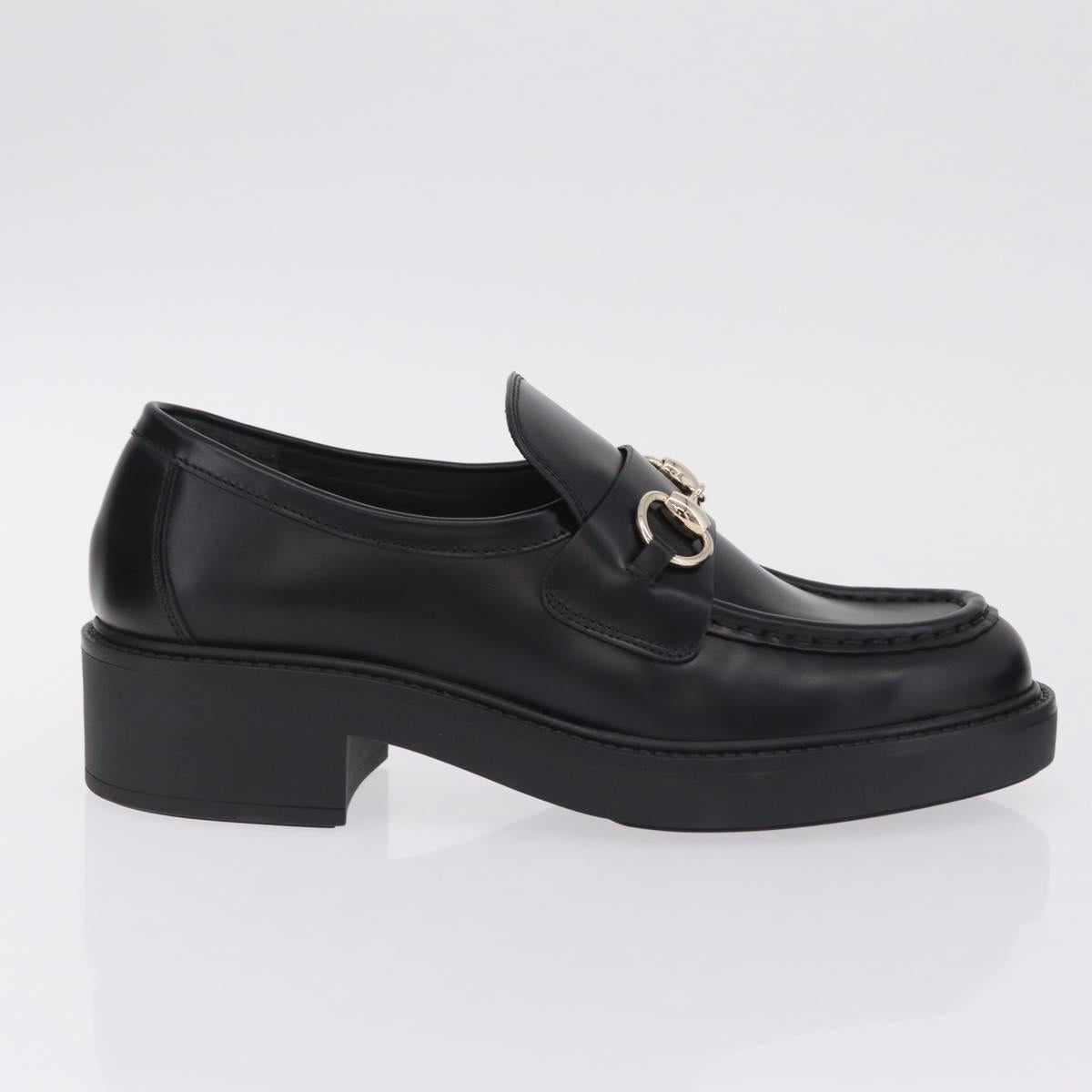 GUCCI Horsebit loafers Leather 37 1/2 Black Silver Auth BA16654M