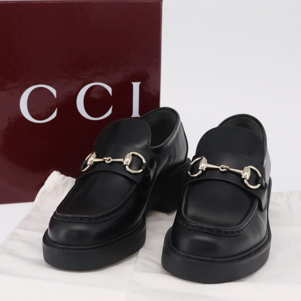 GUCCI Horsebit loafers Leather 37 1/2 Black Silver Auth BA16654M