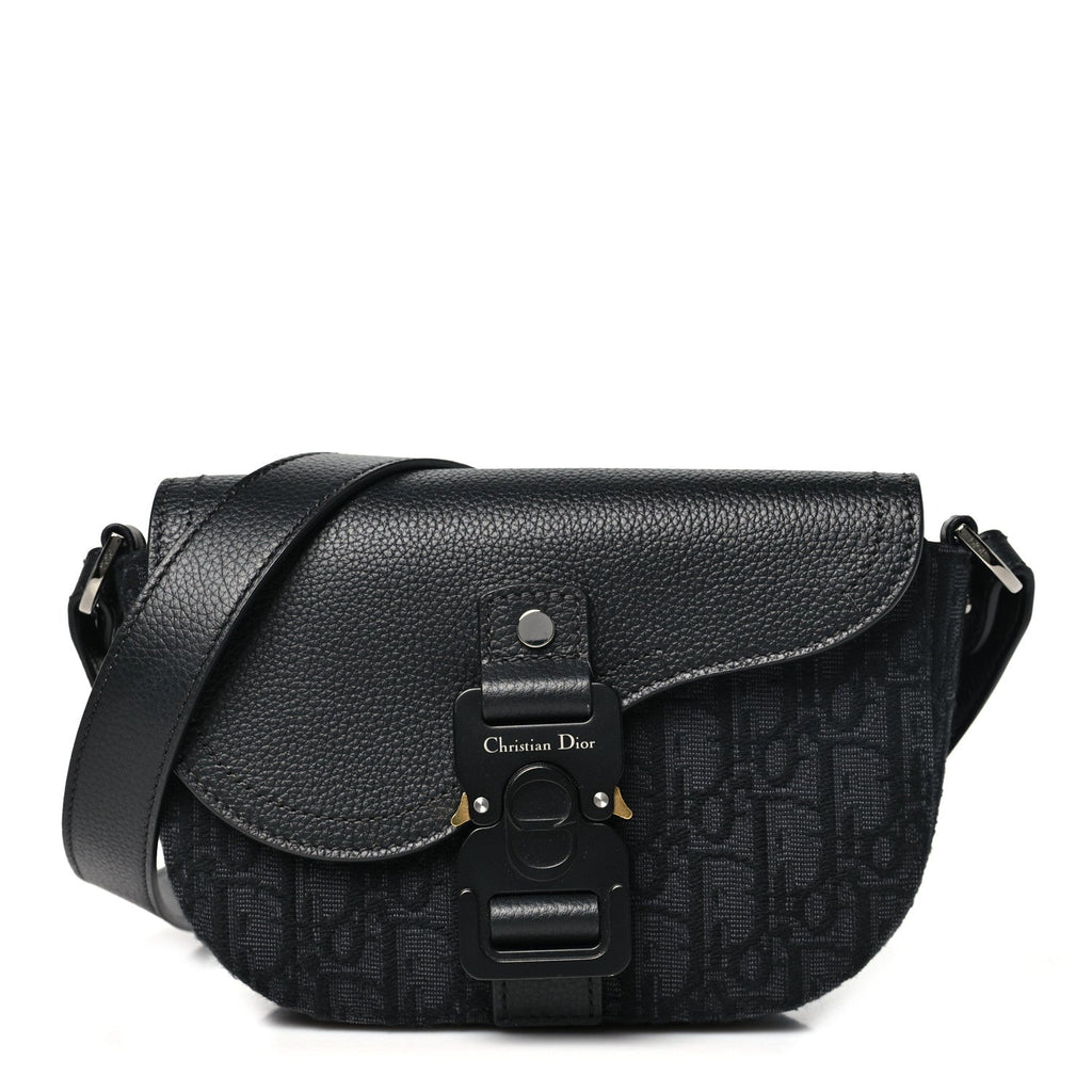 Oblique Jacquard Grained Calfskin Mini Saddle Messenger Bag With Flap Black