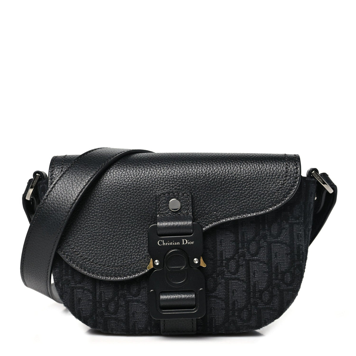 Oblique Jacquard Grained Calfskin Mini Saddle Messenger Bag With Flap Black