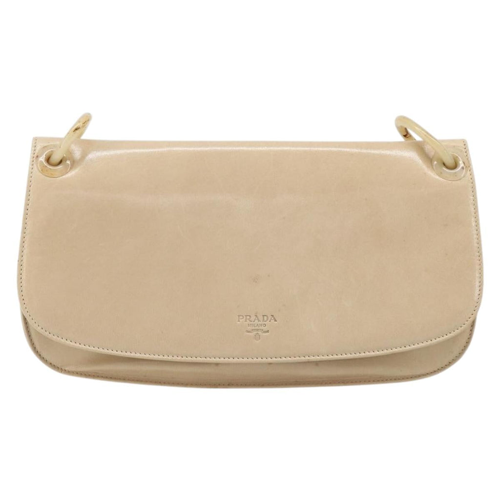 PRADA Chain Shoulder Bag Leather Beige Auth bs37117