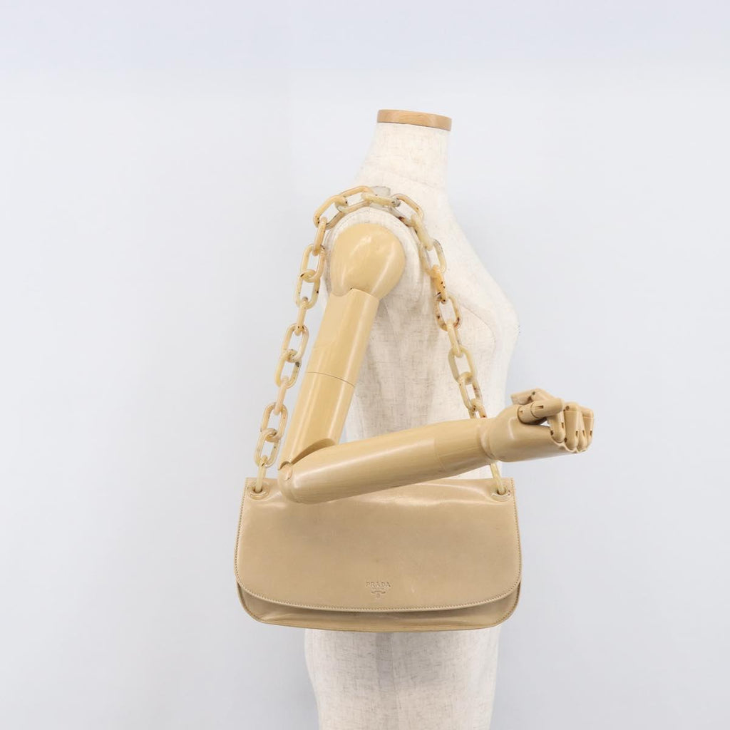 PRADA Chain Shoulder Bag Leather Beige Auth bs37117
