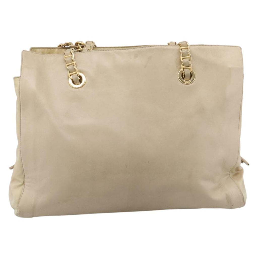 PRADA Chain Tote Bag Leather Beige Gold Auth bs37400