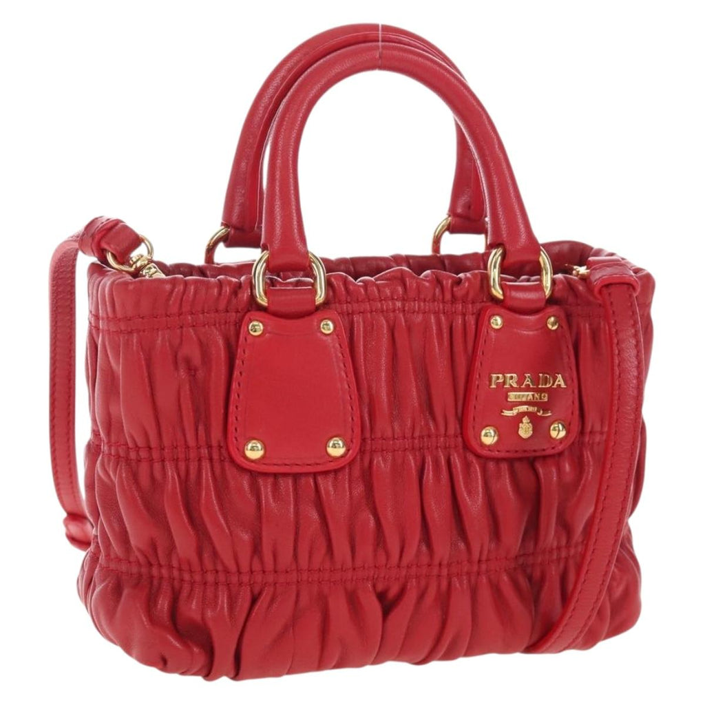 PRADA Hand Bag Leather 2way Red Gold Auth bs37504V
