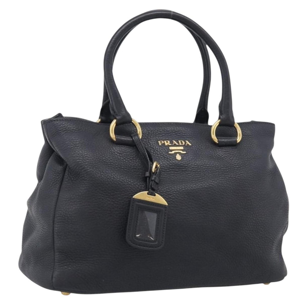 PRADA Hand Bag Leather Black Gold Tone Auth bs37863