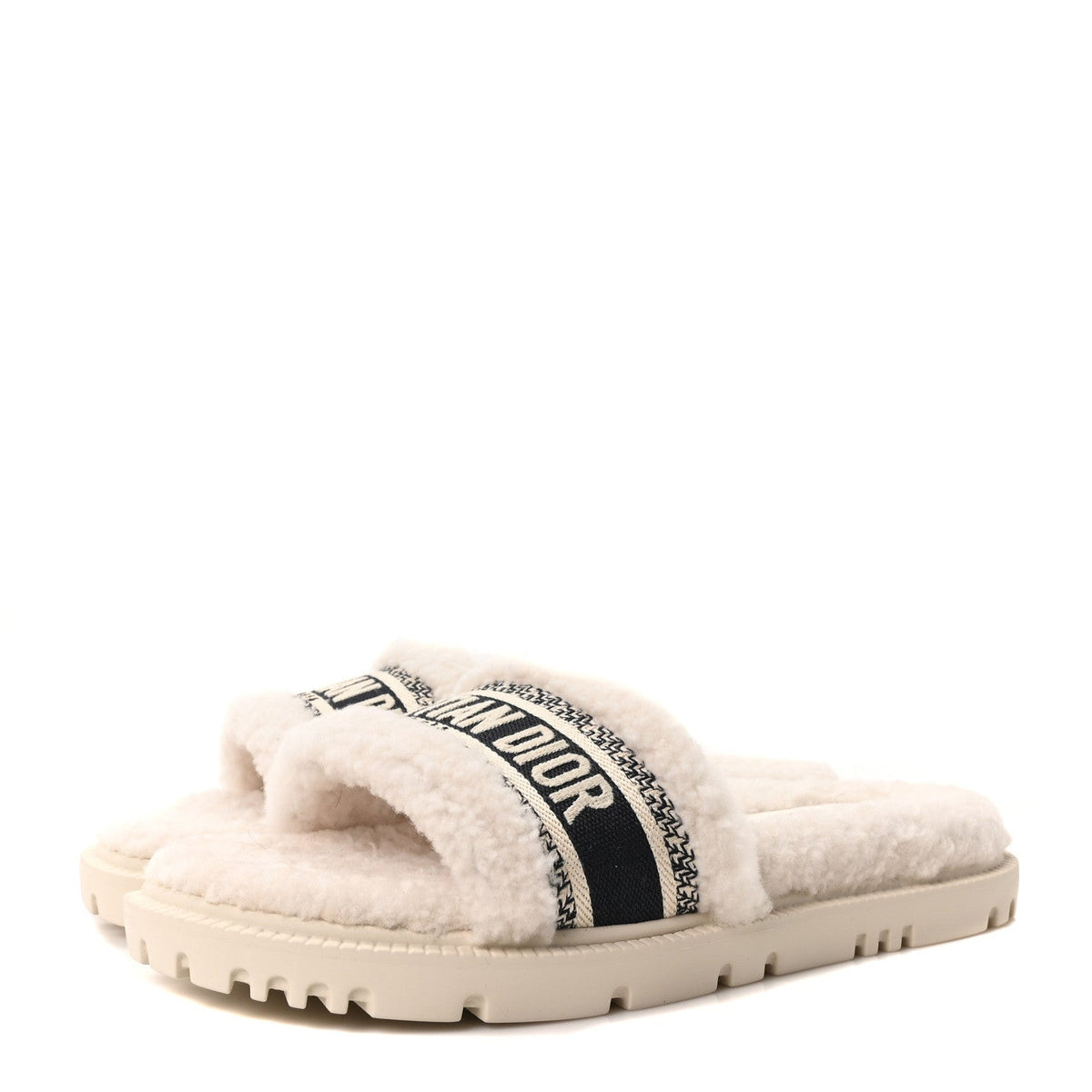 Shearling Canvas Embroidered Dway 10mm Slide Sandals 39 Natural Deep Blue
