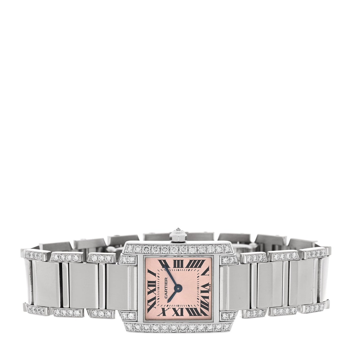18K White Gold Diamond Bezel 20mm Tank Francaise Quartz Watch Pink