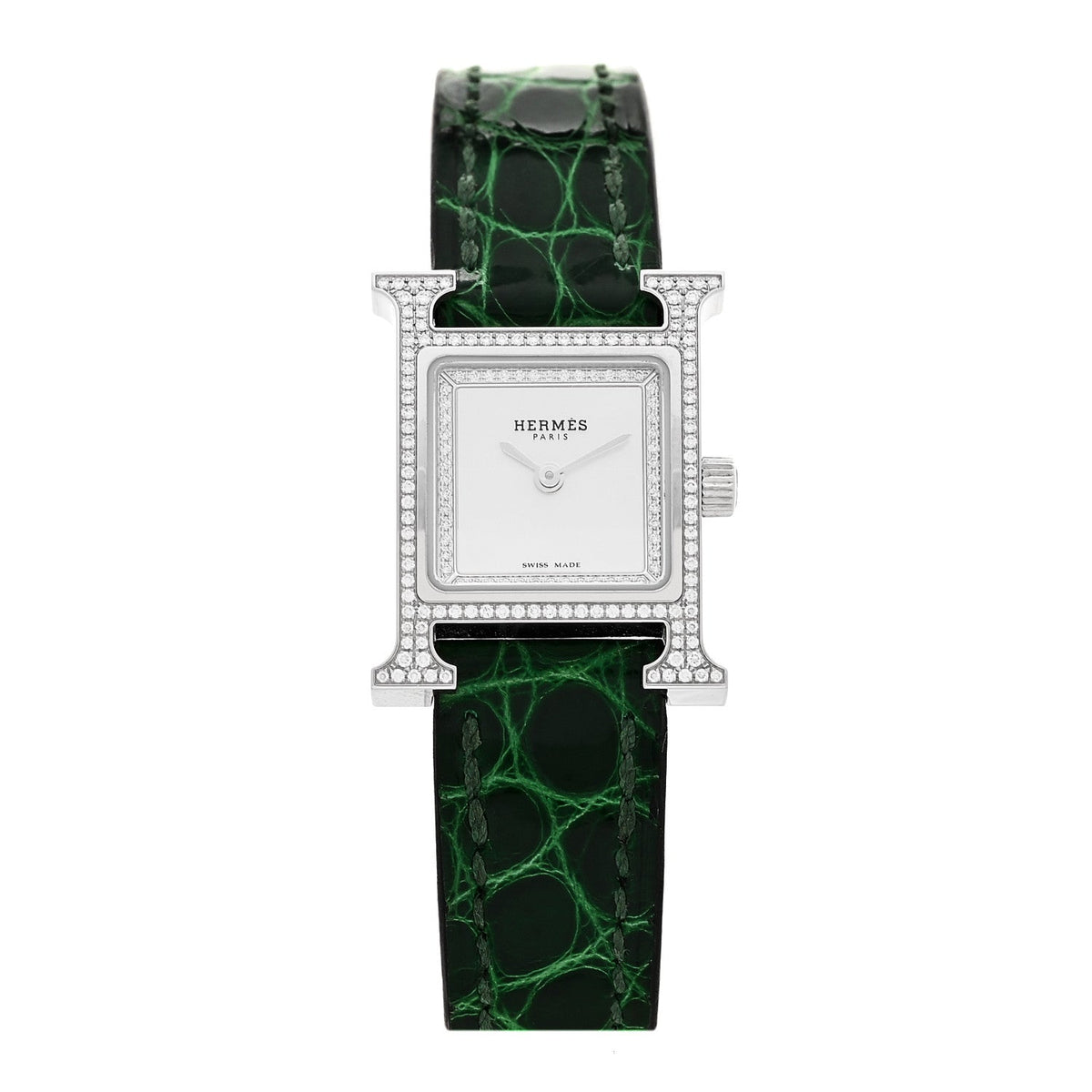 Stainless Steel Alligator Diamond Bezel Mother of Pearl 17.2mm Heure H Hour Quartz Watch Vert Moyen
