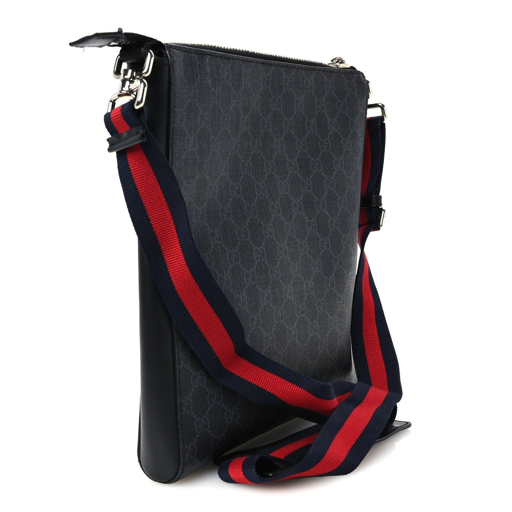 GG Supreme Monogram Appia Calfskin Web Flat Messenger Bag Black Grey
