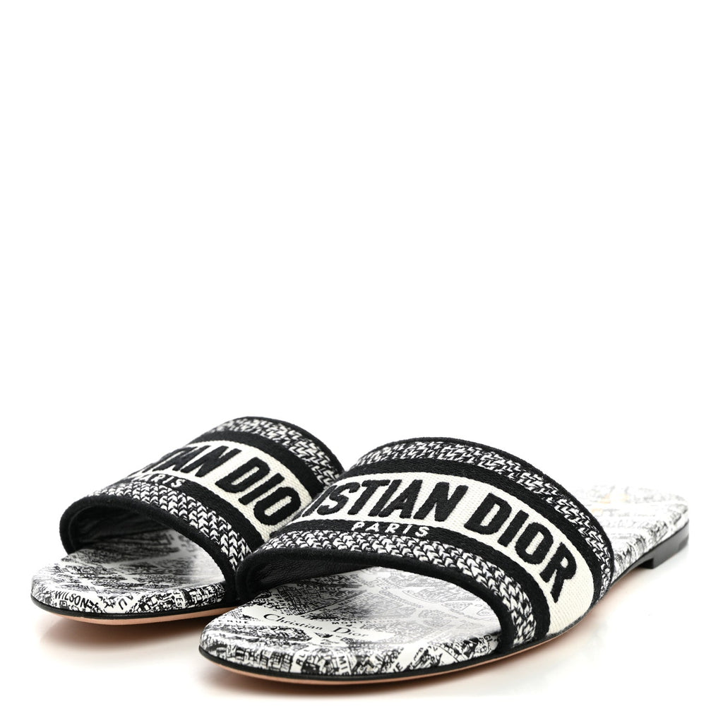 Canvas Embroidered Paris Dway Mules Slide Sandals 37 White Black