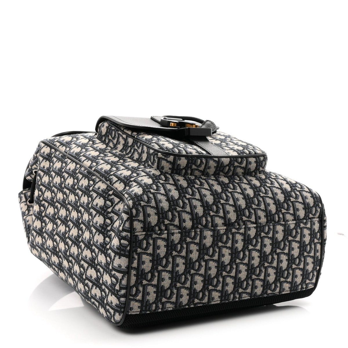 Oblique Jacquard Grained Calfskin Drawstring Saddle Backpack Beige Black