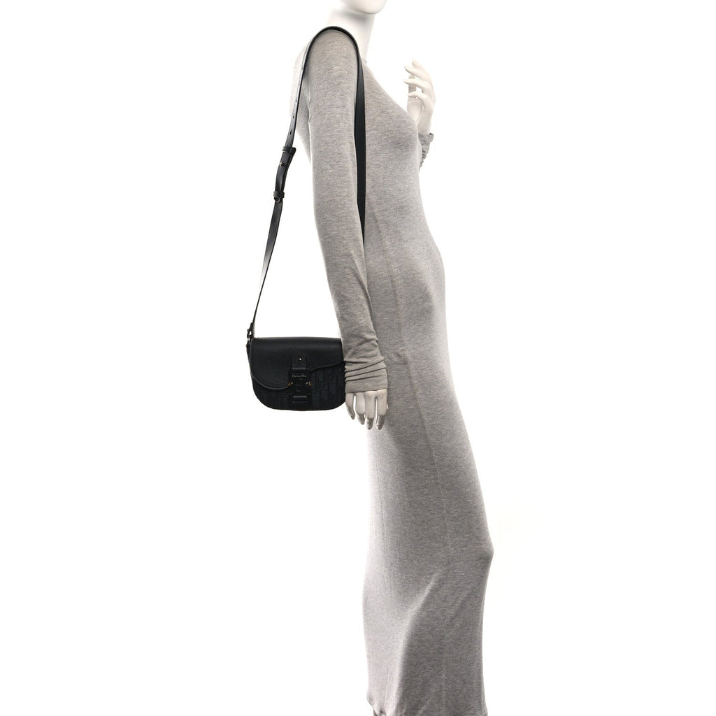 Oblique Jacquard Grained Calfskin Mini Saddle Messenger Bag With Flap Black