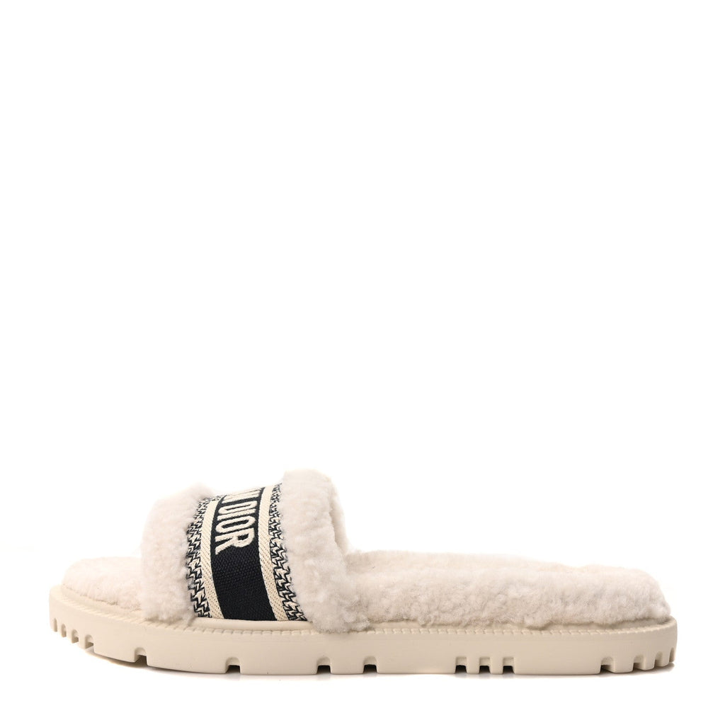 Shearling Canvas Embroidered Dway 10mm Slide Sandals 39 Natural Deep Blue