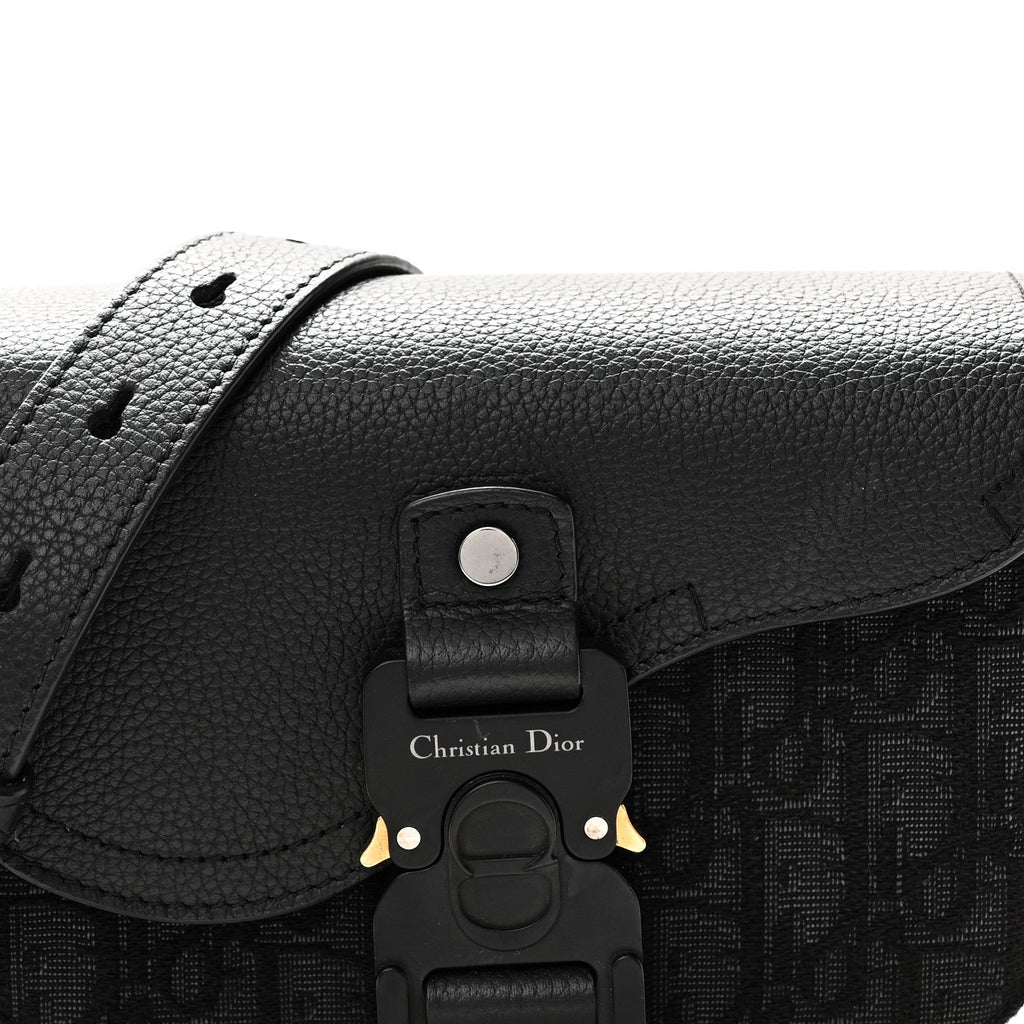 Oblique Jacquard Grained Calfskin Mini Saddle Messenger Bag With Flap Black