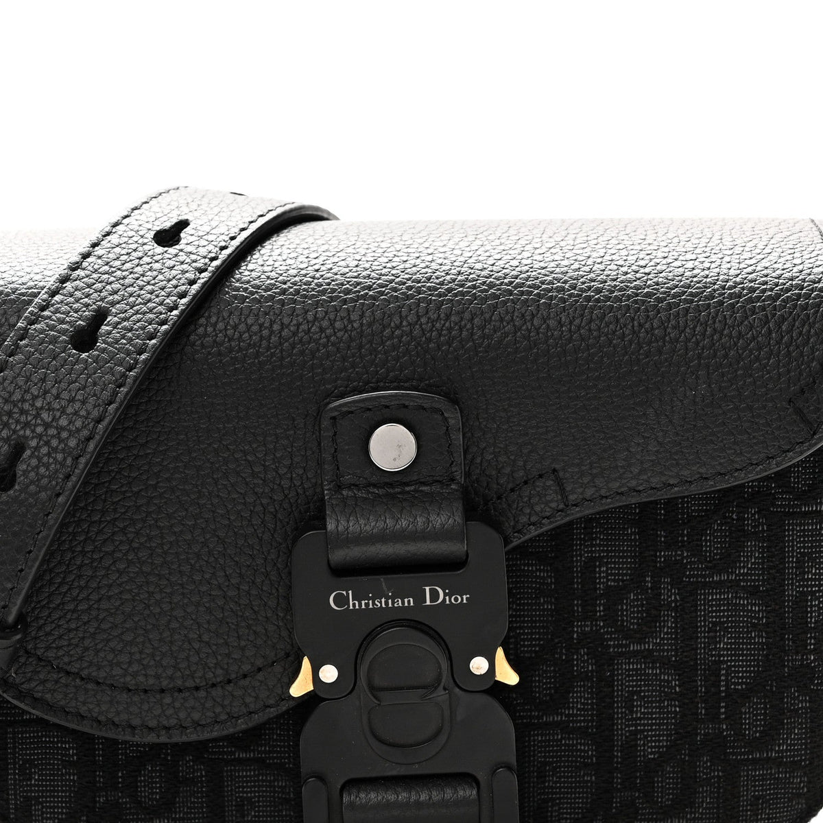 Oblique Jacquard Grained Calfskin Mini Saddle Messenger Bag With Flap Black