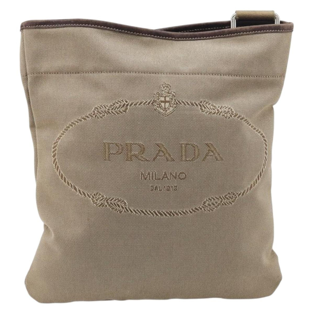 PRADA Jacquard Shoulder Bag Canvas Silver Beige Auth fm5453
