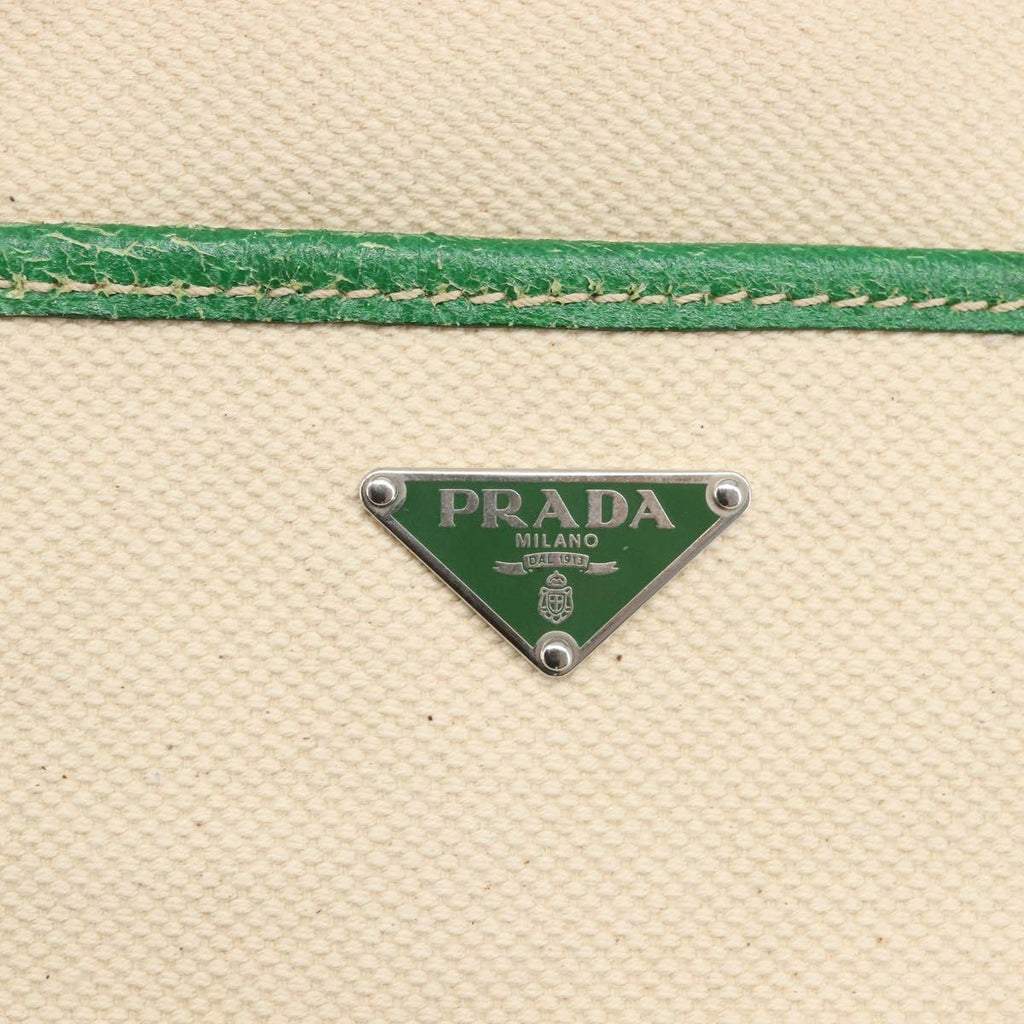 PRADA Tote Bag Canvas Beige Green Auth gh2350