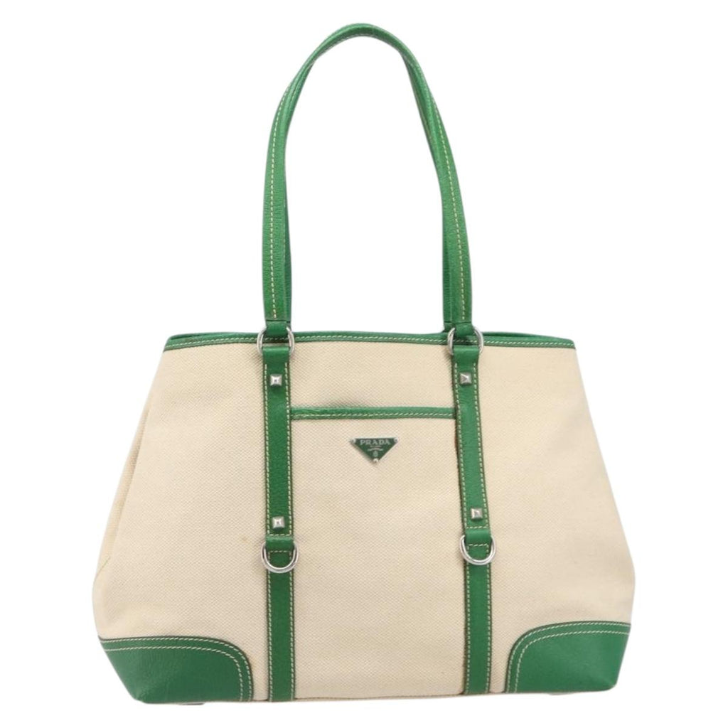 PRADA Tote Bag Canvas Beige Green Auth gh2350
