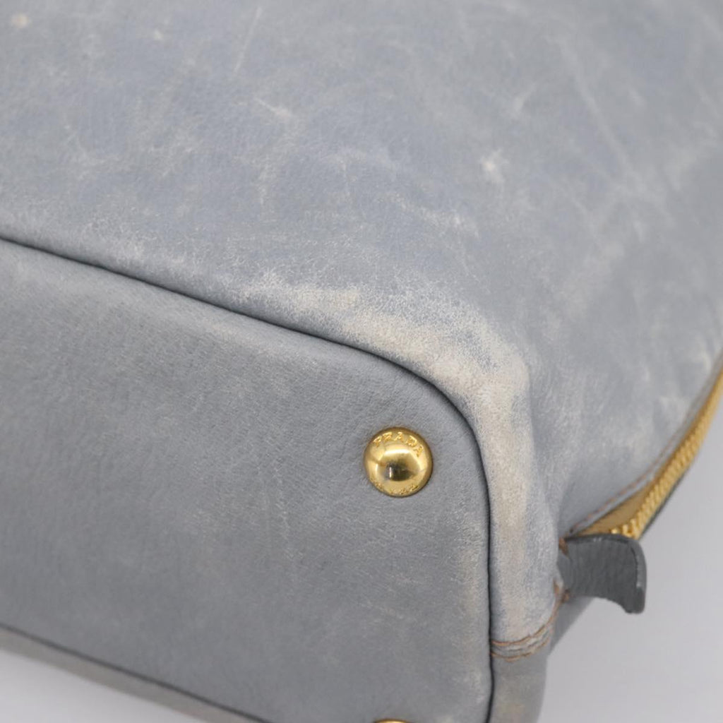 PRADA Tote Bag Leather Light Blue Gold Auth hk4228