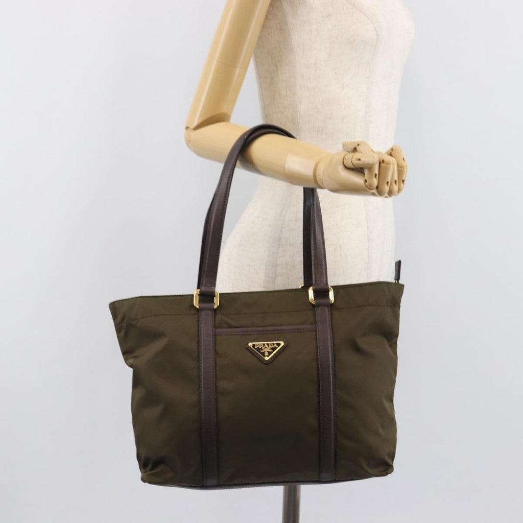 PRADA Tote Bag Nylon Green Gold Auth hk4229
