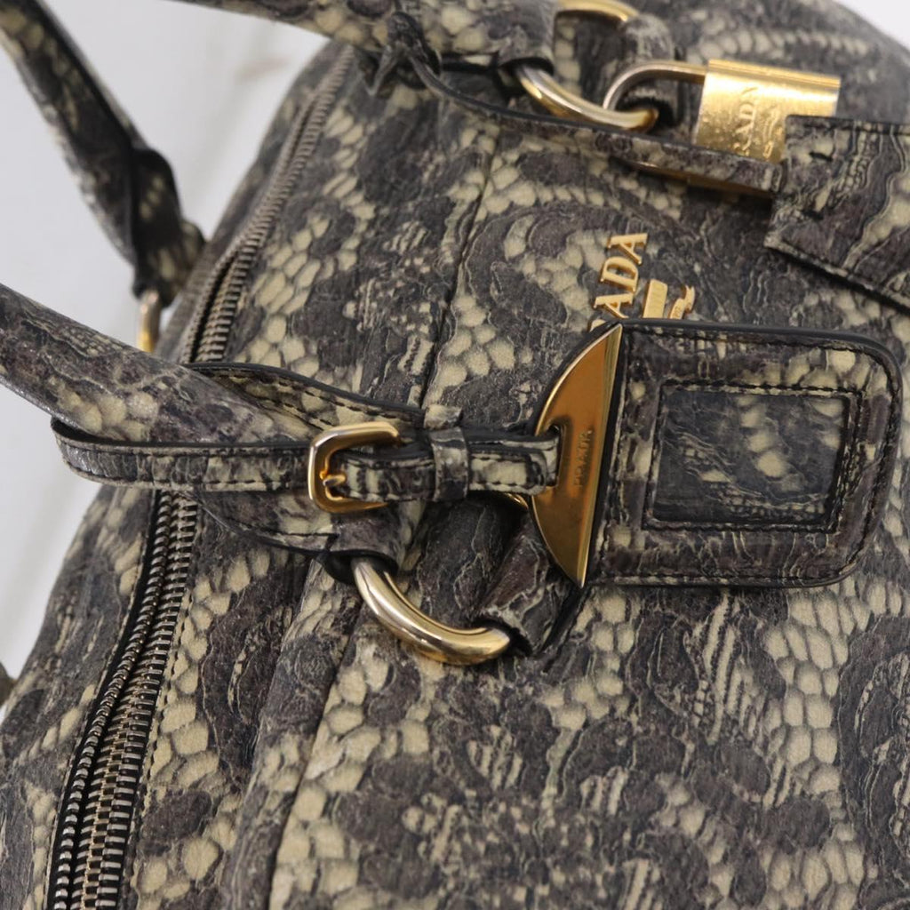 PRADA Hand Bag Leather Gray Gold Auth ka6590V