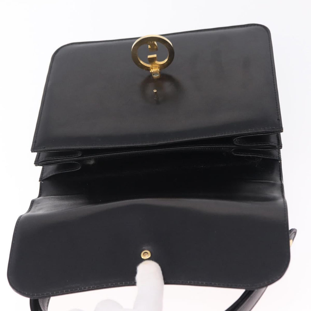 GUCCI Interlocking Shoulder Bag Leather Black Gold Auth ka6844