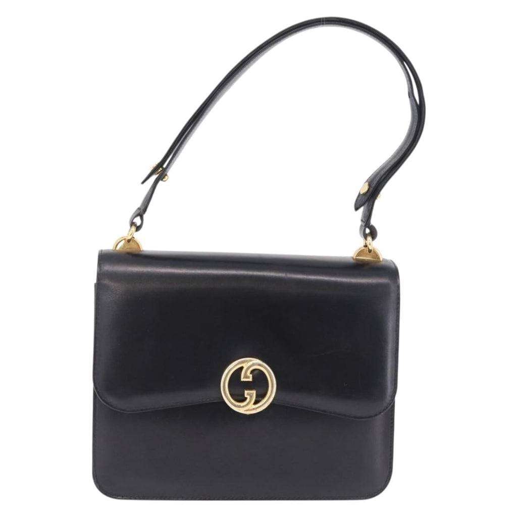 GUCCI Interlocking Shoulder Bag Leather Black Gold Auth ka6844