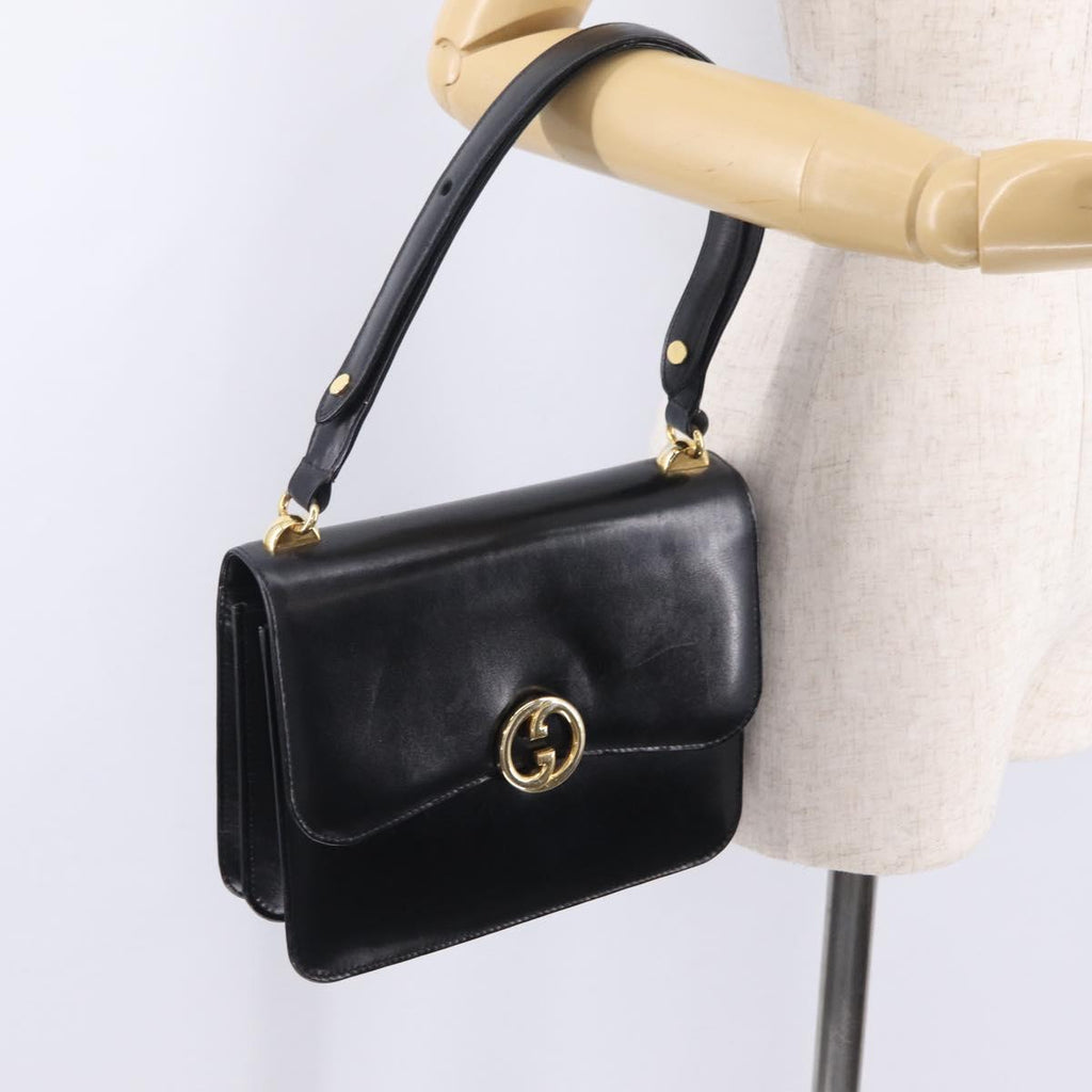 GUCCI Interlocking Shoulder Bag Leather Black Gold Auth ka6844