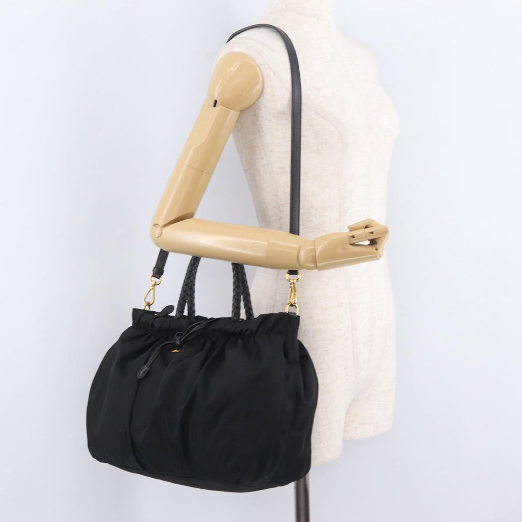 PRADA Tote Bag Nylon 2way Black Gold Tone Auth ki6955V