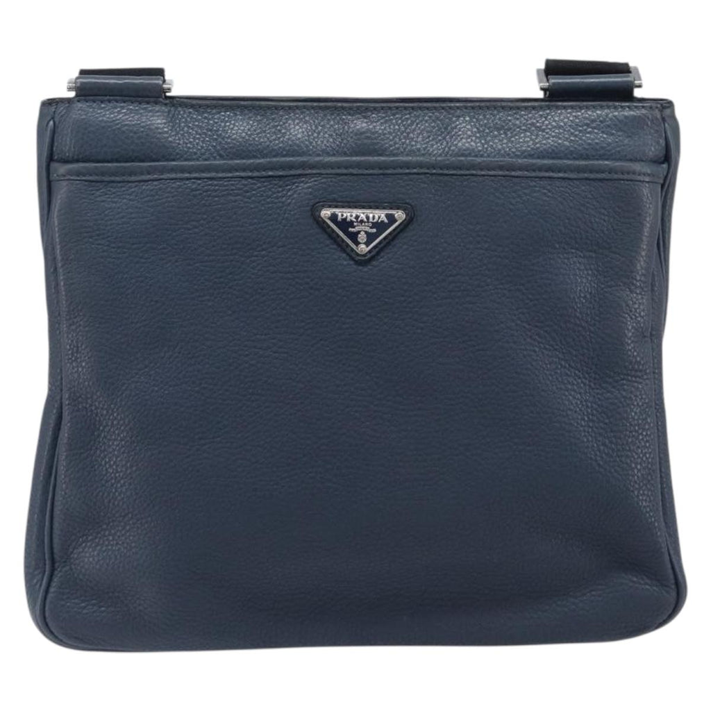 PRADA Shoulder Bag Vittero Dino Leather Navy Silver Auth LN240