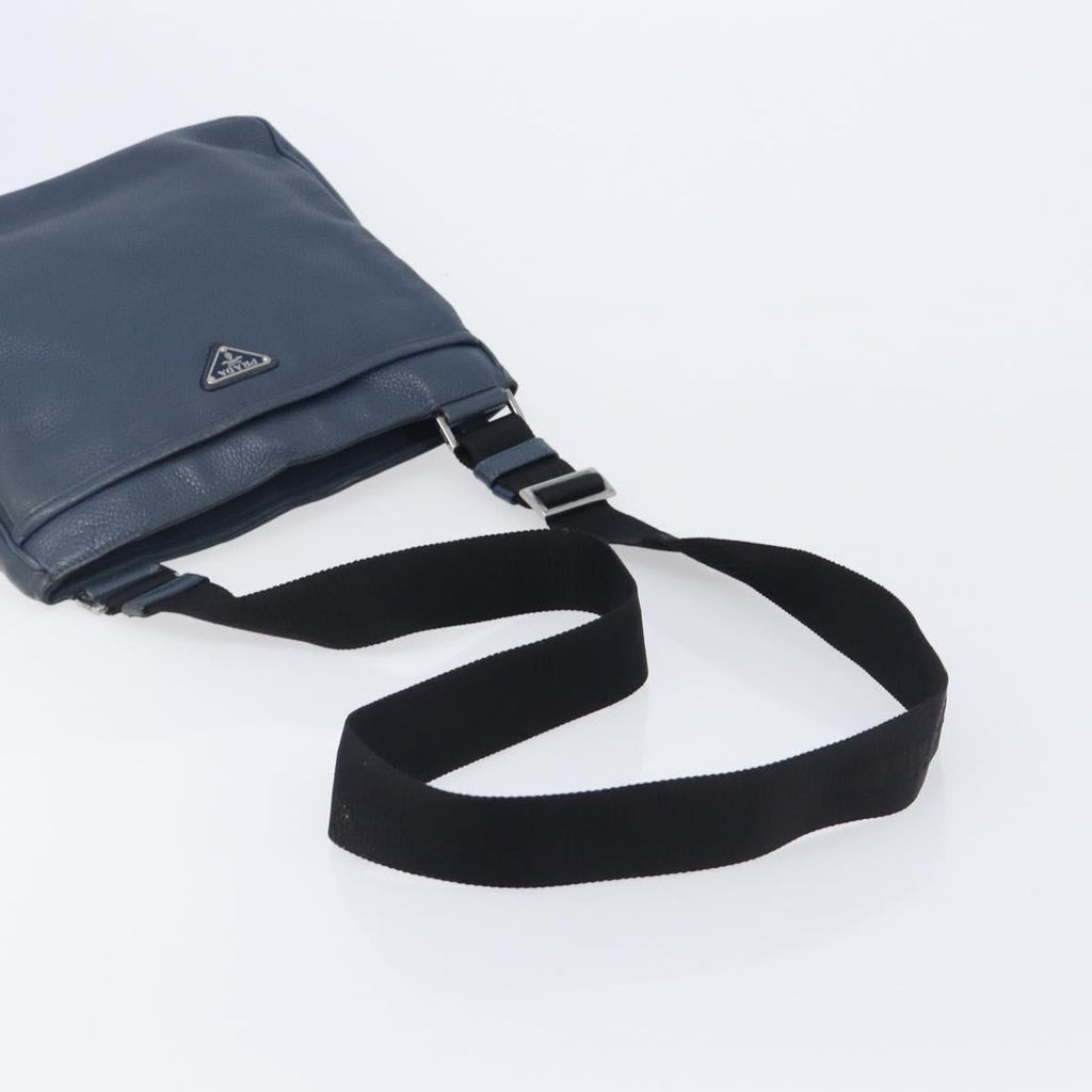 PRADA Shoulder Bag Vittero Dino Leather Navy Silver Auth LN240