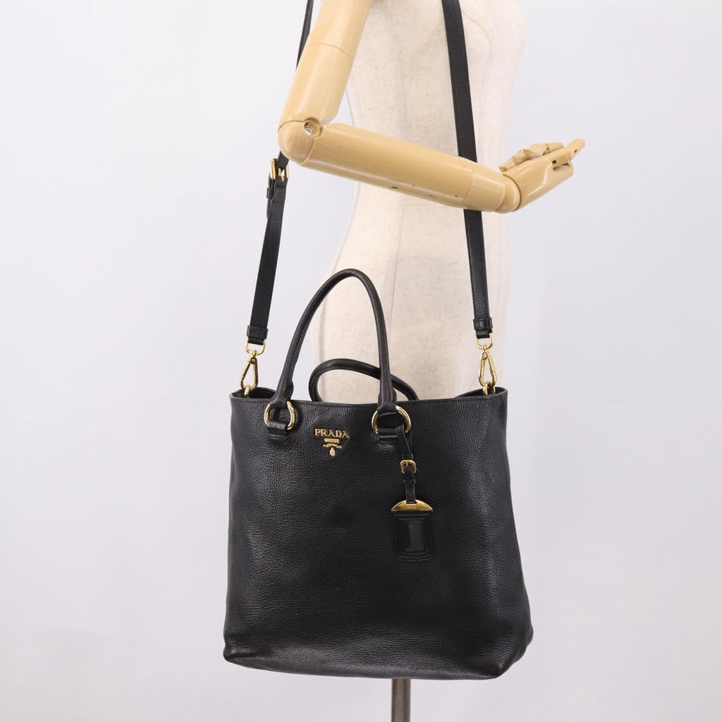 PRADA Tote Bag Leather 2way Black Gold Auth yk21027V